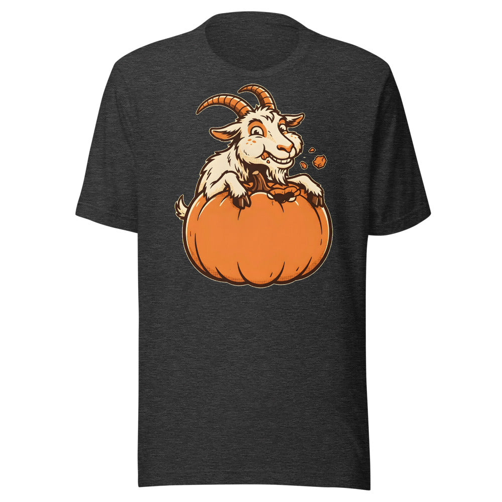 Bite-O'-Lantern Goat minimalist graphic tee, no text in Dark Grey Heather