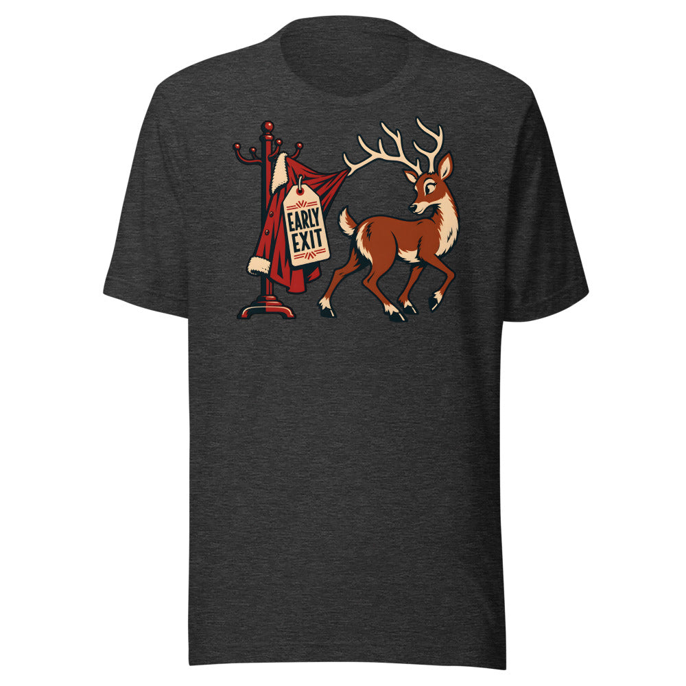 Holiday Party Exit Reindeer Shirt in Dark Grey Heather - front view