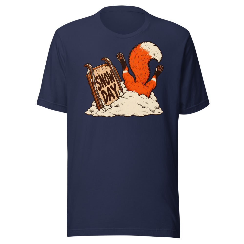 Snow Day Dive Fox funny winter t-shirt in Navy